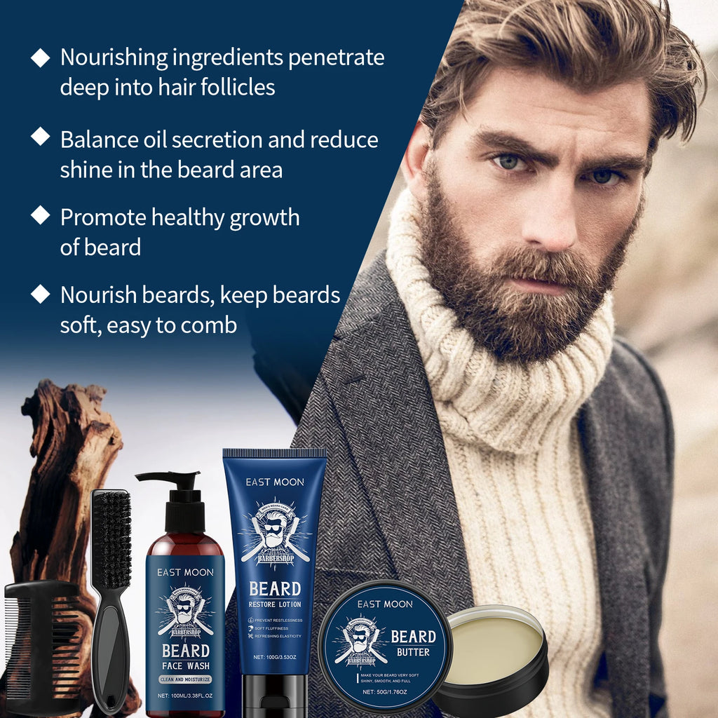 Beard Care Kit for Men Moustache Growth Oil Moisturizing Beard Cleaner Anti Hair Loss Shampoo Hair Enhancement Kit comb Gift Man