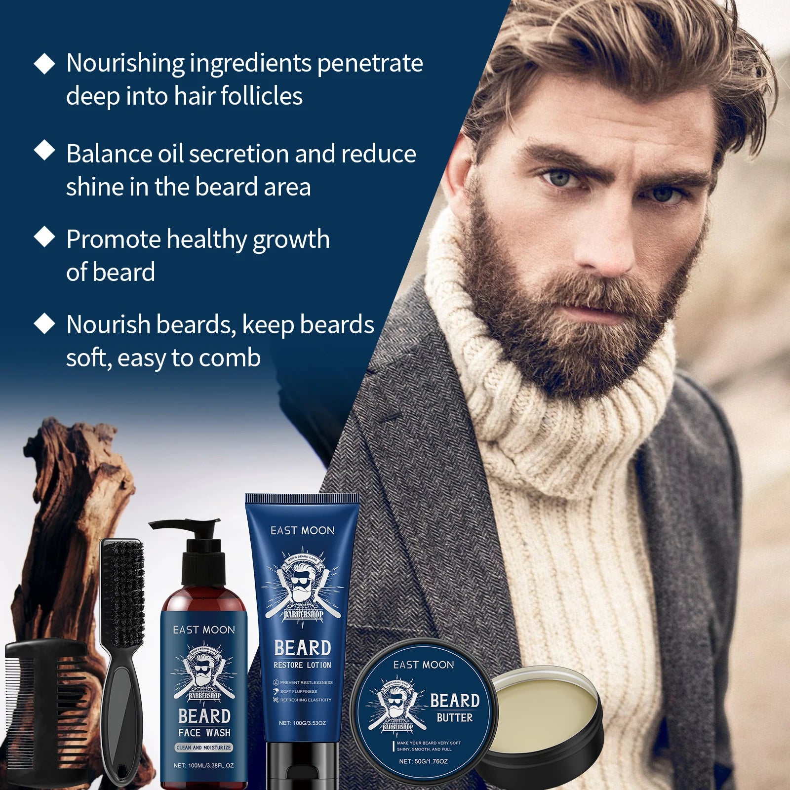 Beard Care Kit for Men Moustache Growth Oil Moisturizing Beard Cleaner Anti Hair Loss Shampoo Hair Enhancement Kit comb Gift Man