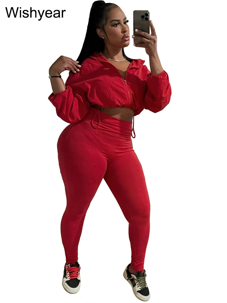 Fashion Khaki Jogging Pants Sets Women‘s Clothing Long Sleeve Crop Jacket and Leggings Two 2 Piece New Tracksuit Matching Suit