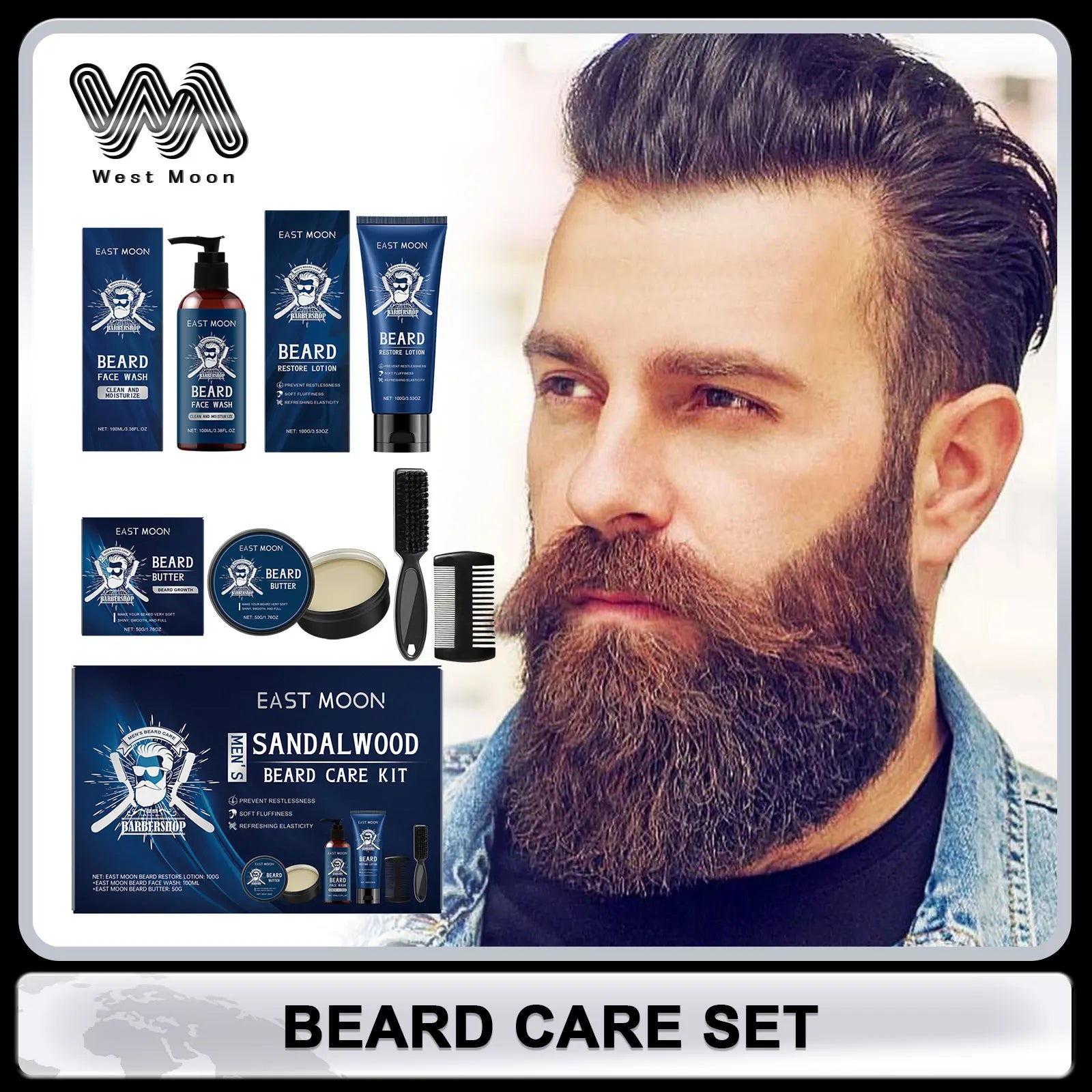 Beard Care Kit for Men Moustache Growth Oil Moisturizing Beard Cleaner Anti Hair Loss Shampoo Hair Enhancement Kit comb Gift Man
