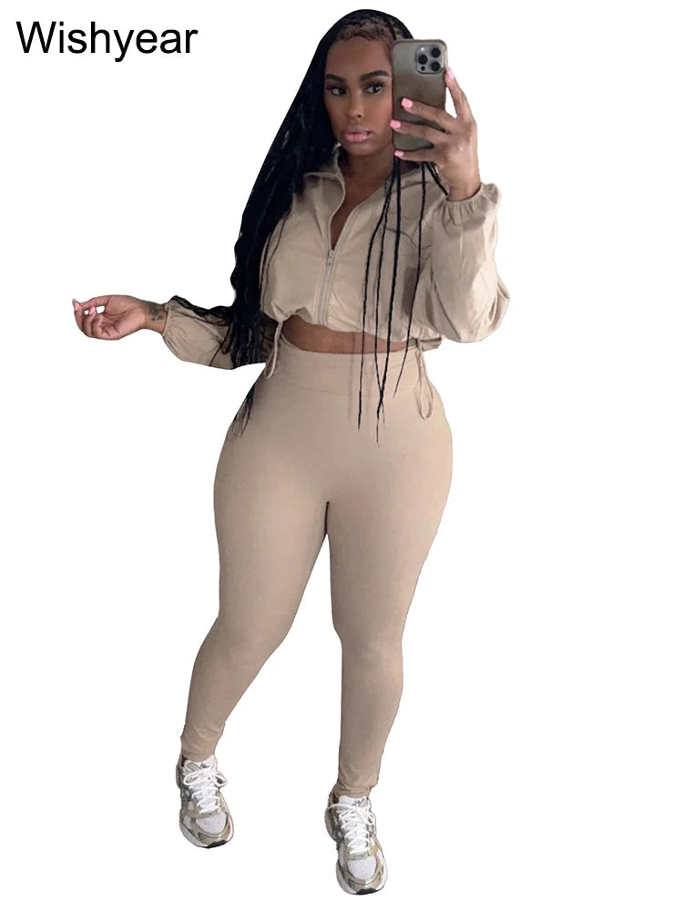 Fashion Khaki Jogging Pants Sets Women‘s Clothing Long Sleeve Crop Jacket and Leggings Two 2 Piece New Tracksuit Matching Suit