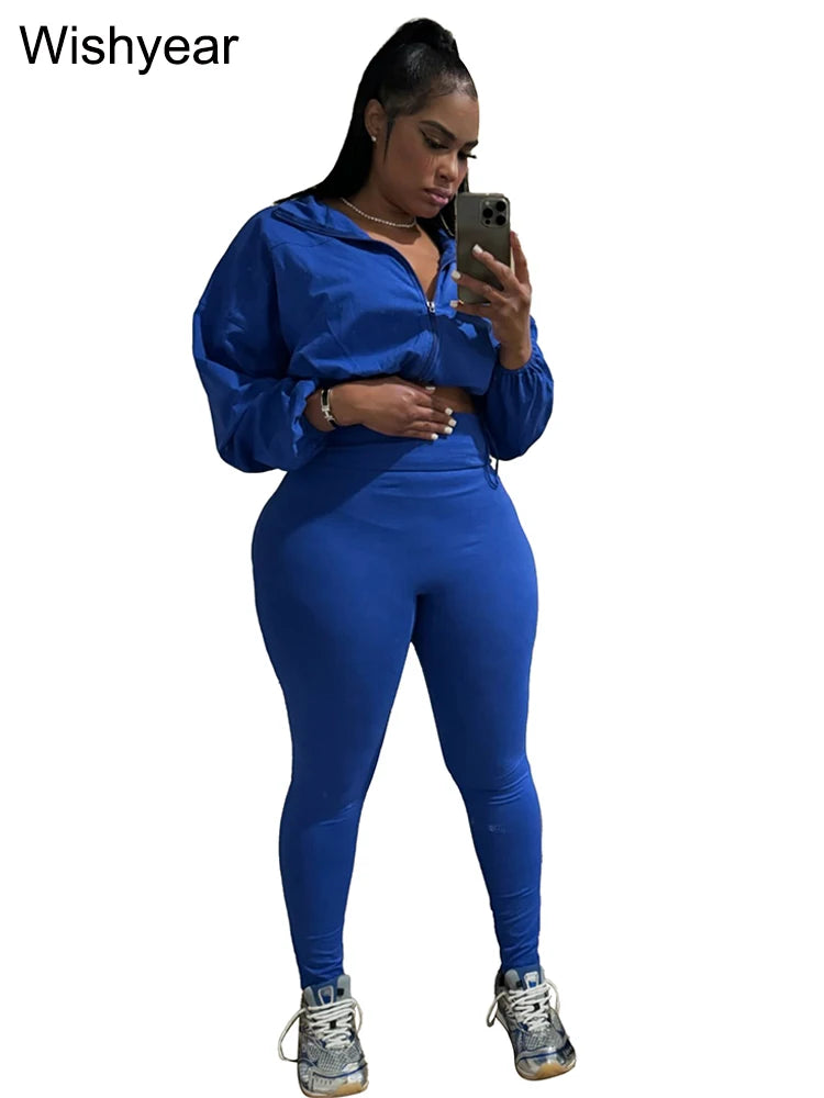 Fashion Khaki Jogging Pants Sets Women‘s Clothing Long Sleeve Crop Jacket and Leggings Two 2 Piece New Tracksuit Matching Suit