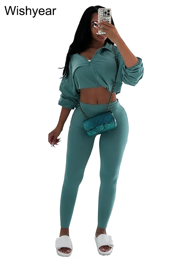 Fashion Khaki Jogging Pants Sets Women‘s Clothing Long Sleeve Crop Jacket and Leggings Two 2 Piece New Tracksuit Matching Suit