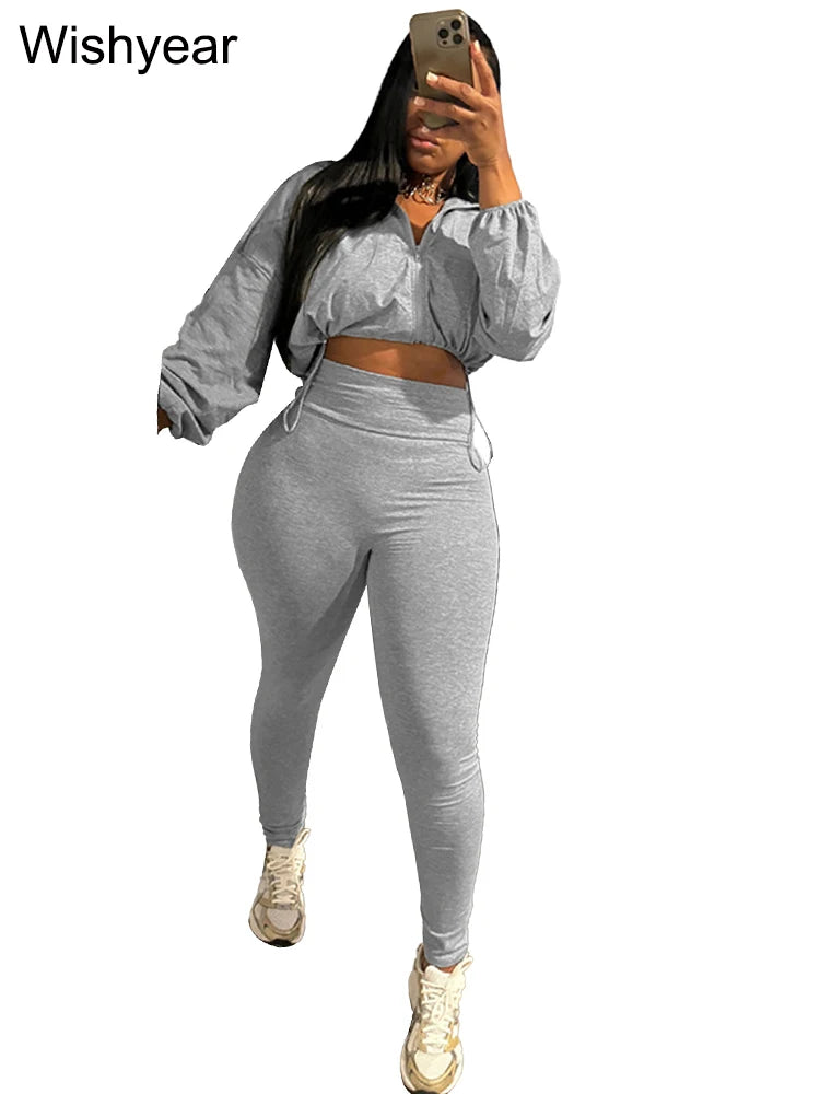 Fashion Khaki Jogging Pants Sets Women‘s Clothing Long Sleeve Crop Jacket and Leggings Two 2 Piece New Tracksuit Matching Suit