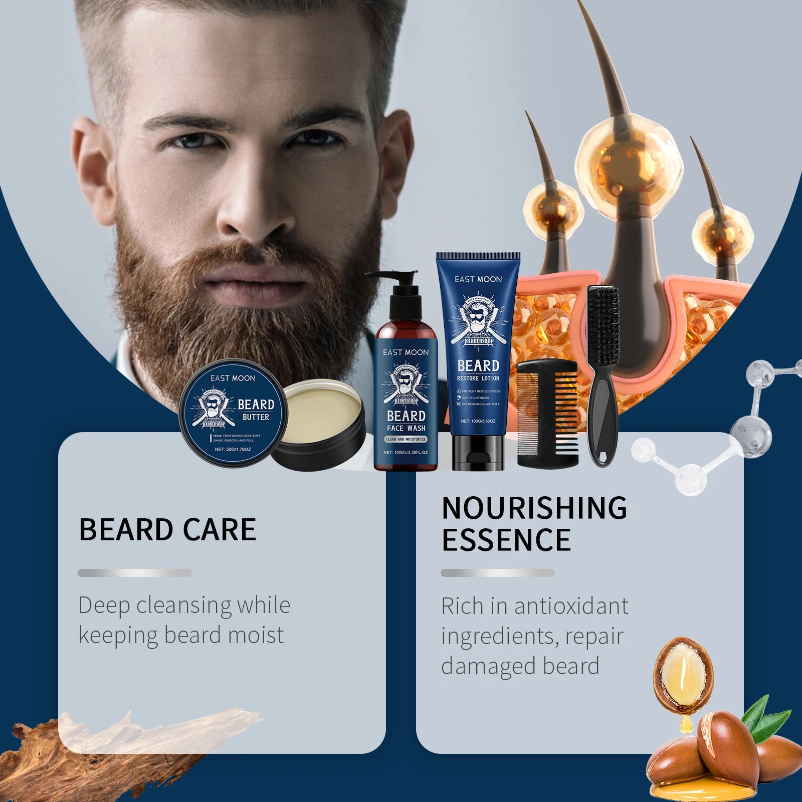 Beard Care Kit for Men Moustache Growth Oil Moisturizing Beard Cleaner Anti Hair Loss Shampoo Hair Enhancement Kit comb Gift Man